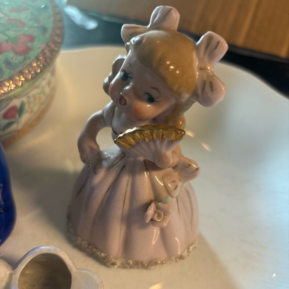 Vintage Ceramic Figurine bell coquette girl with Fan and pink bows
